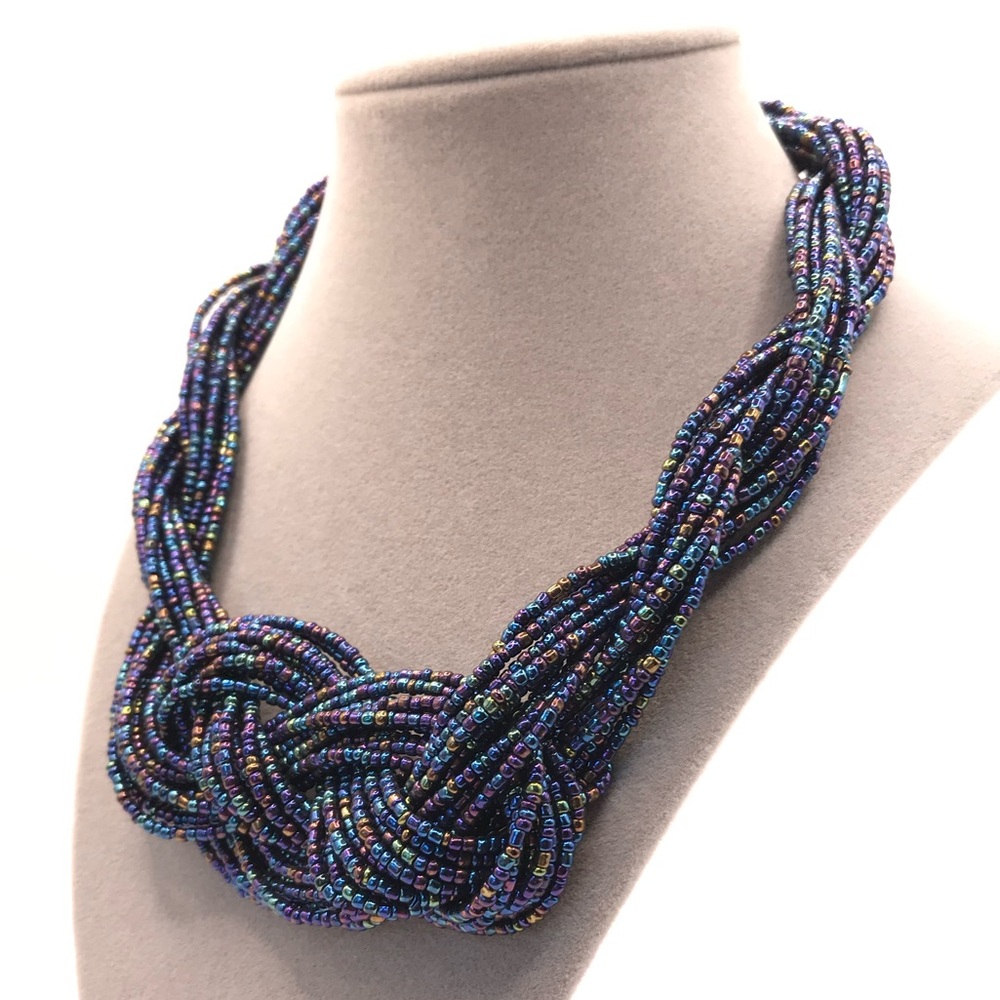Multi-Strand Peacock Colored Seed Bead Braided Statement Necklace - Picture 2 of 7